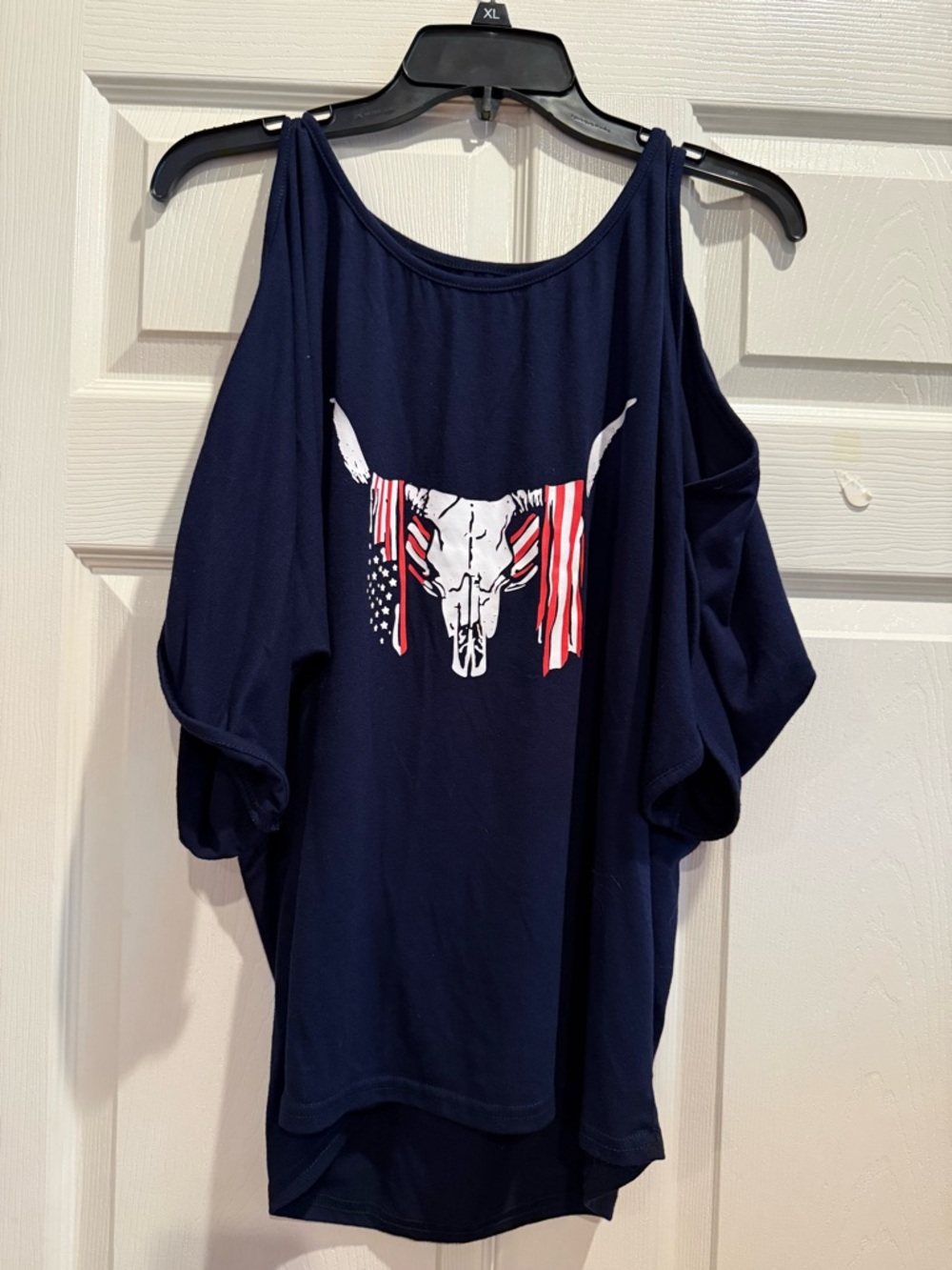 Navy Cold-Shoulder Top with Patriotic Bull Skull Graphic